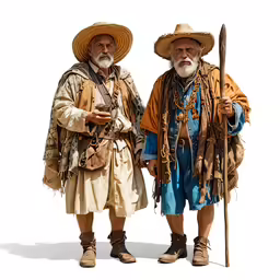 two old men standing next to each other wearing different outfits