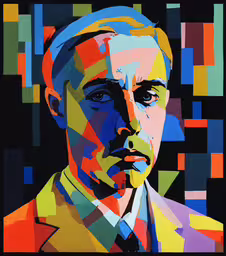 an artisticly colored portrait of a man with blue eyes,a painting with multicolored squares and a man