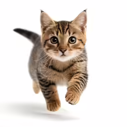 a small kitten that is running in the air