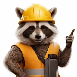 a raccoon wearing a yellow hard hat and holding a stick