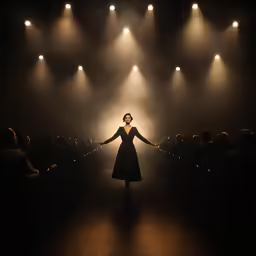 a person standing on a stage with their arms outstretched