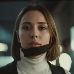 a young woman holds her neck around a black rubber device in front of her face