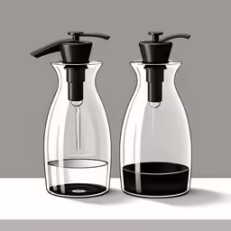 two clear glass pitchers and a carafe with black handles