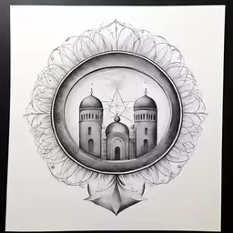 a black and white drawing of a building in the middle of an ornate design