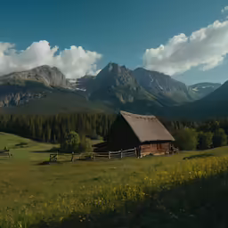 an old log cabin in a pasture on the side of a mountain