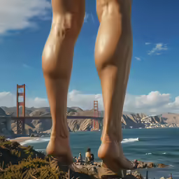 a man walking on the beach by a big bridge
