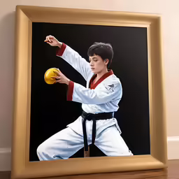 the karate fighter is practicing his moves in the black and gold frame