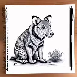 the front side of a spiral notebook showing a drawing of a sitting wolf,an illustration of a small wolf sitting on top of a desk