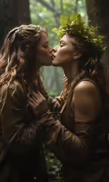 two women are dressed in leather outfits and have a kiss