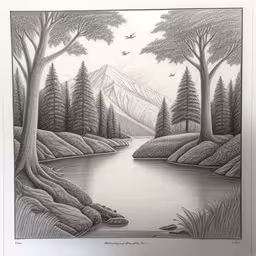 this is a black and white drawing of trees and a river
