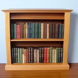 an antique bookcase holds many different books,an old wooden bookcase holds several books,a wooden bookcase with several different colored books,a bookcase with many books next to it,two shelves that have several different colored books