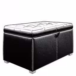 a black ottoman sitting on top of a white floor