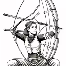 a black and white drawing of a woman practicing archery,a woman sits holding two arrows and aiming a bow,a black and white illustration of a young woman archery aiming,an artistic drawing of a woman with her hands held back and holding a large archery arrow,black and white drawing of a woman archer aiming an arrow at a target