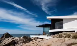 the view from outside of an over head house on rocky shore