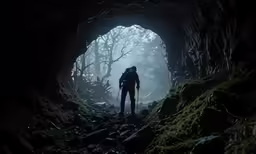man standing inside a cave looking out into the distance