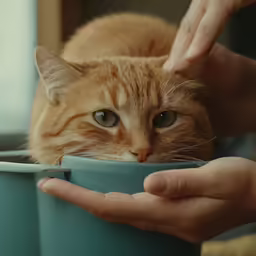 the person is feeding a cat from the mug