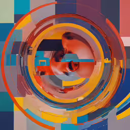 colorful abstract painting with circles and dots in it,a person is pictured through a circular composition