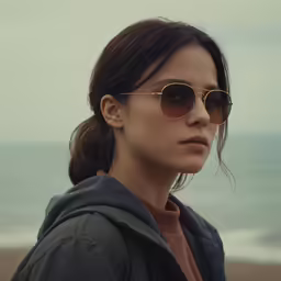 a woman standing near the ocean wearing some sunglasses