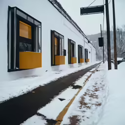 a yellow door sits near some windows on the side of a building
