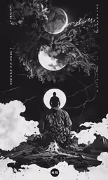 a person sitting in the middle of clouds with two black stars