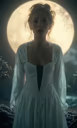 a girl in white dress near water with a big moon