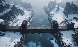 a surreal scene with two birds perched on a bridge