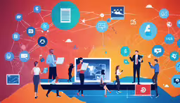 a digital art depicts people standing in front of a tv,a group of people standing on top of a tablet