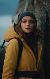 a young woman standing next to a tree wearing a yellow jacket