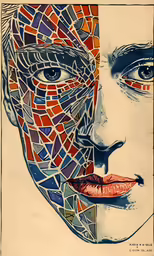 a close up of a face made of colorful tiles