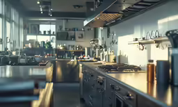 this industrial kitchen has many pots and pans