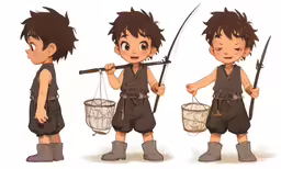 a boy holding fishing rods with a fishing net