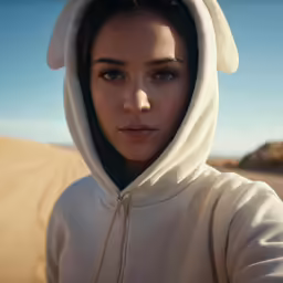 the girl is wearing a bunny hoodie