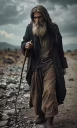 a man with long hair is walking on rocks