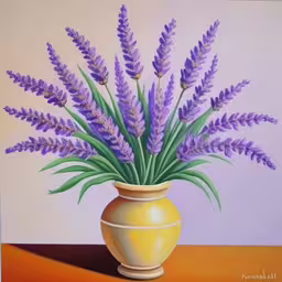 a painting of purple flowers in a yellow vase
