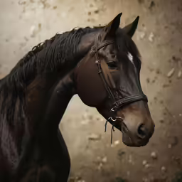 a black horse with an all black mane and headgear