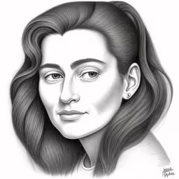 a woman with long hair and piercings is looking into the camera,a drawing of the actress elizabeth devie,a drawing of a woman with long hair,the image is of a drawing of a woman,the drawing of an old woman, looking to her left