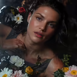 a woman in water holding onto flowers
