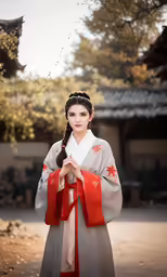the woman is dressed in a geisha with red ribbon