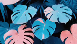 three plants with pink and blue leaves