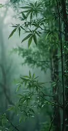 lush green trees are seen in the foggy forest