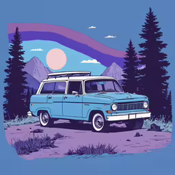 a blue vehicle with mountains and trees on it,a van parked in the middle of a dirt road