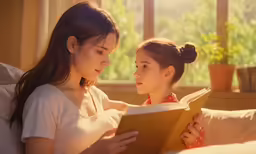 a young woman reading to another young woman