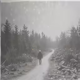 a person on a snowy path through a forest