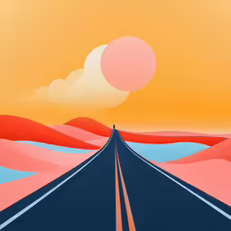 a painting of a desert highway with pink clouds