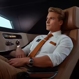 a man in an airplane seat wearing a dress shirt and tie
