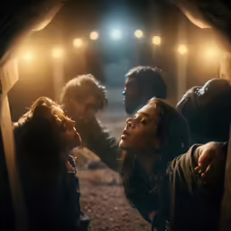 people standing together inside a dark tunnel with bright lights