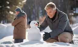a man is playing with a snowman that has his legs folded out