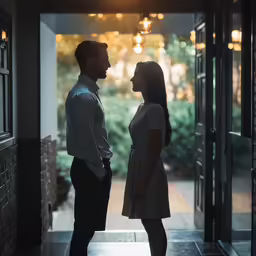 a couple is standing by their front door