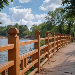 wooden fence around a lake and stone path