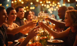 a group of people sitting down at a table sharing glasses of wine